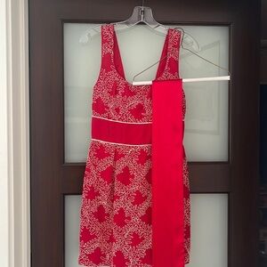 French connection linen blend dress with cream embroidery and red sash - size 0